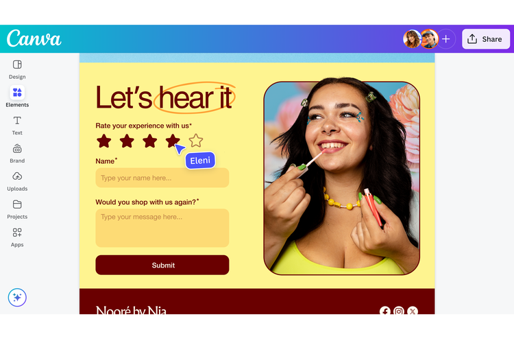 Fitur Forms memungkinkan pengguna membuat formulir interaktif langsung di dalam desain. Formulir ini bisa untuk RSVP acara, survei pelanggan, atau formulir kontak di situs web.