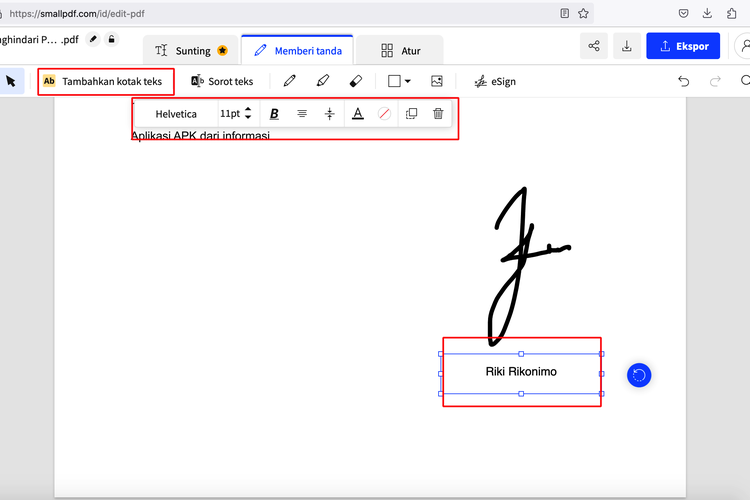 Ilustrasi cara menambahkan nama terang tanda tangan digital di PDF lewat situs SmallPDF.