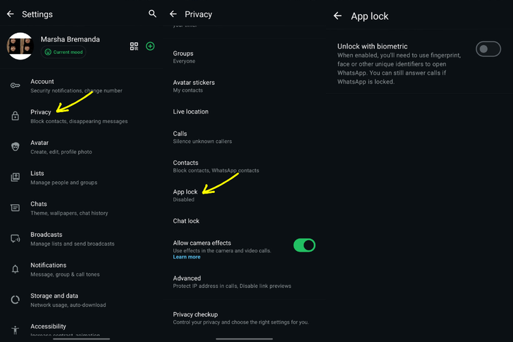Fitur App lock di menu Privacy WhatsApp yang memungkinkan aplikasi dikunci menggunakan autentikasi biometrik seperti sidik jari atau pemindaian wajah.