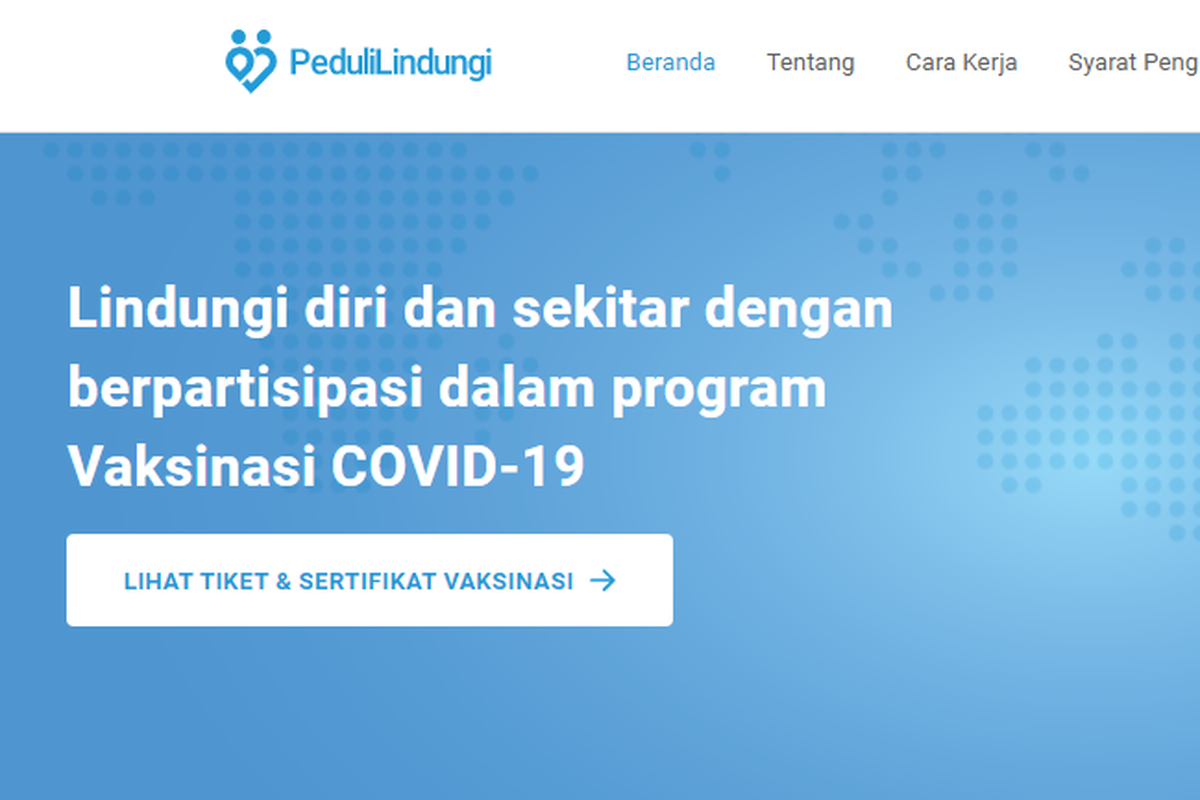 Tangkapan layar situs Peduli Lindungi untuk mengecek sertifikat vaksin Covid-19.