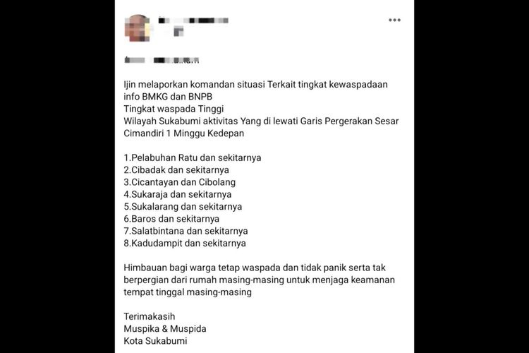 Tangkapan layar pesan yang beredar di media sosial akan terjadi gempa di waduk Cirata Jawa Barat.