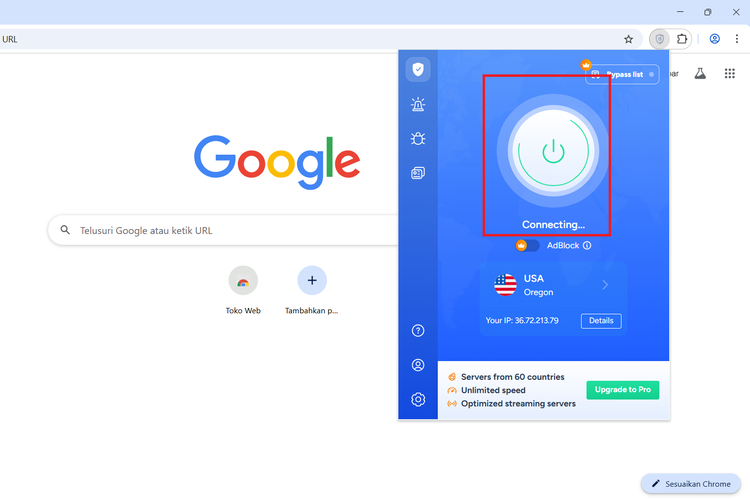 Ilustrasi cara membuat video Veo 3 dengan Gemini AI. Langkah 2 menginstal VPN dengan koneksi dari wilayah Amerika Serikat.