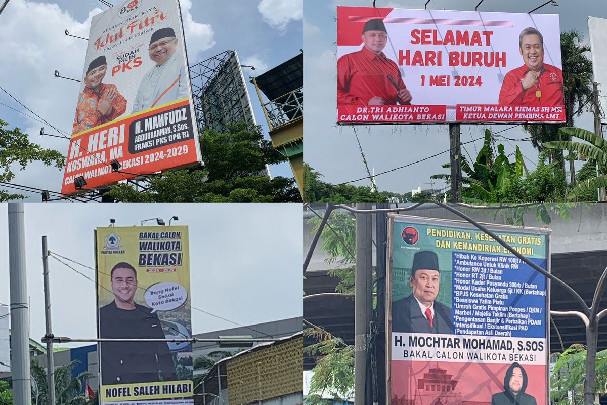 Baliho para bakal calon wali kota Bekasi sudah mulai memenuhi sejumlah titik di jalan-jalan arteri menjelang Pemilihan Kepala Daerah (Pilkada) pada 27 November 2024, Selasa (30/4/2024).