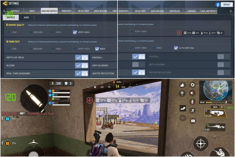 Gameplay Call of Duty Mobile di ROG Phone 5 beserta pengaturan visualnya.