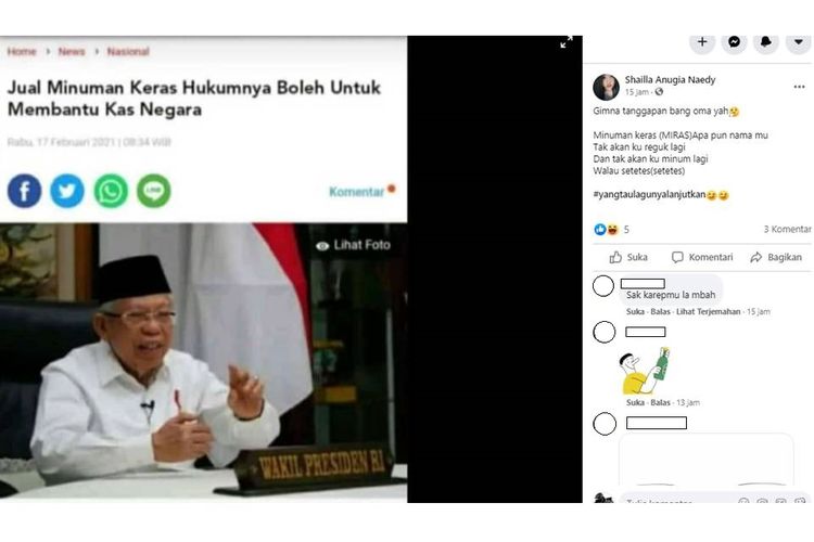 Tangkapan layar unggahan hoaks berita menggunakan template pemberitaan Kompas.com dengan judul Jual Minuman Keras Hukumnya Boleh Untuk Membantu Kas Negara.