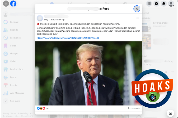Tangkapan layar konten hoaks di sebuah akun Facebook, Minggu (11/5/2025), mencatut Presiden AS Donald Trump, yang menyatakan bahwa Palestina akan berdiri di Perancis.