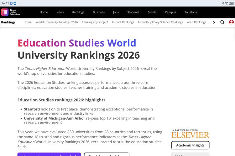 Universitas dengan bidang pendidikan terbaik versi THE WUR by Subject 2026.