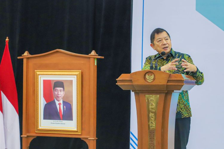 Menteri PPN/Kepala Bappenas Suharso Monoarfa menyampaikan sambutan dalam agenda Peluncuran Rencana Aksi Nasional Open Government Indonesia VII di Jakarta, Selasa (7/2/2023).