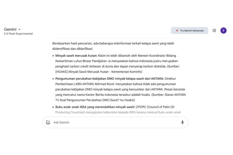 Misinformasi Kelapa Sawit. Google Gemini merespon prompt misinformasi kelapa sawit