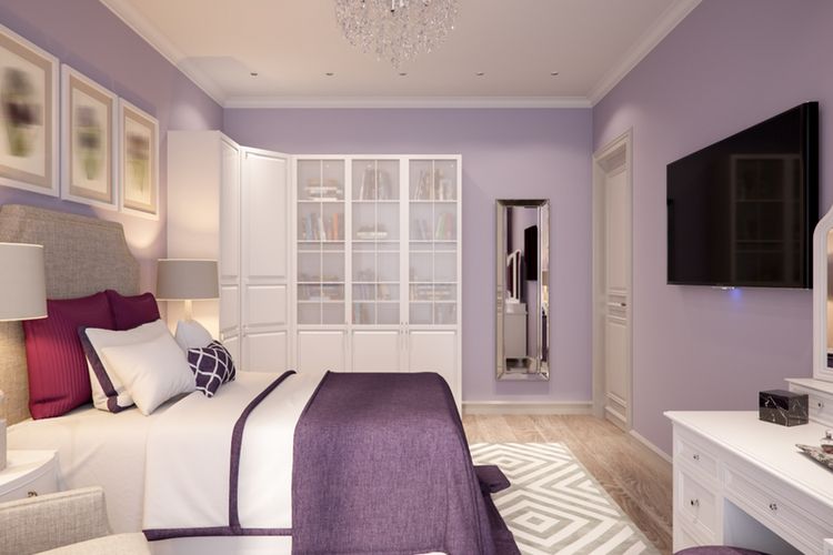 Ilustrasi kamar tidur dengan nuansa warna mauve.