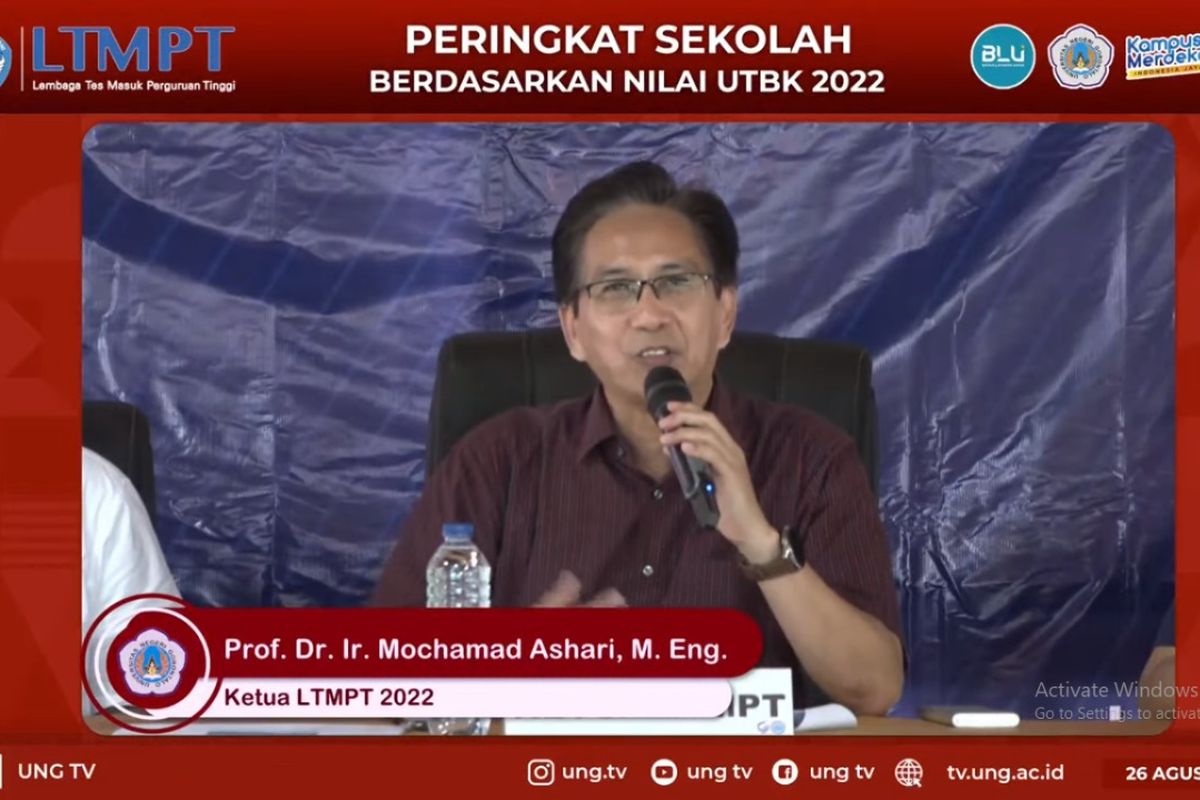 Ketua LTMPT 2022, Prof. Mochamad Ashari pada Sosialisasi Peringkat Sekolah Berdasarkan Nilai UTBK 2022, atau menjelaskan sekolah terbaik di Indonesia berdasarkan rerata UTBK 2022, Jumat (26/8/2022).