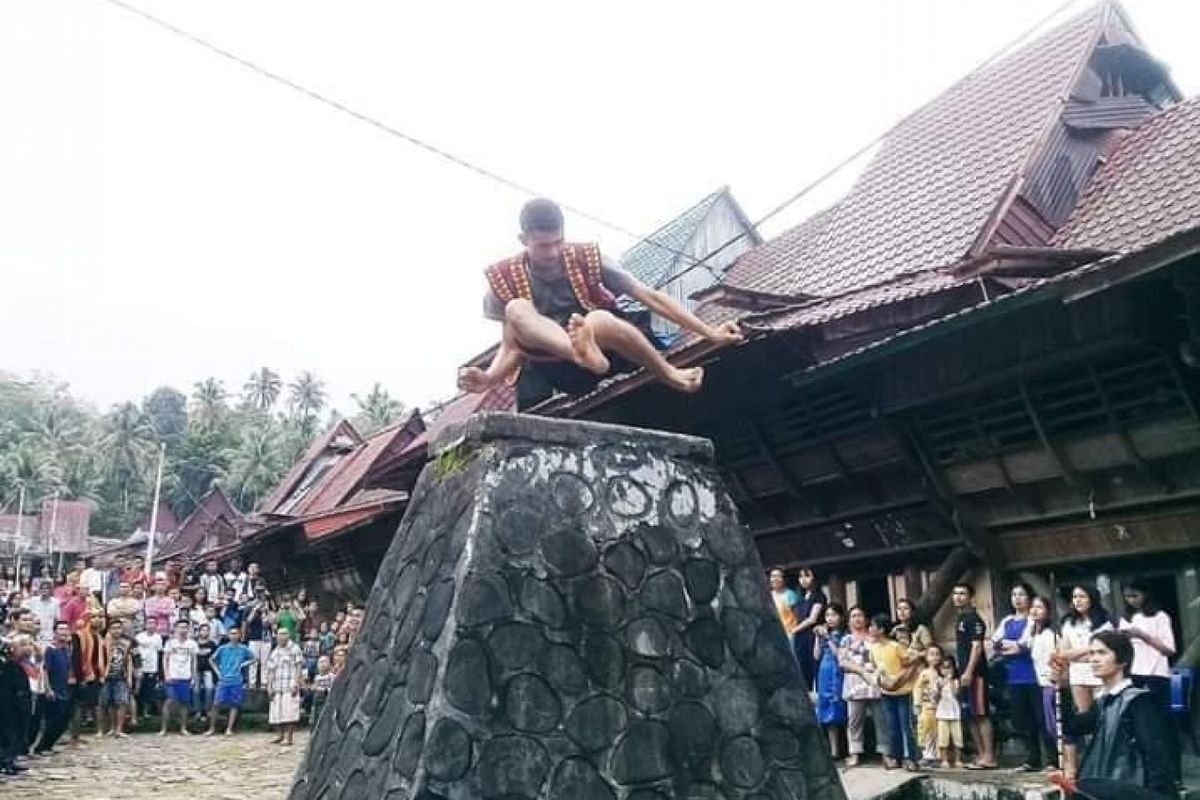 Tradisi Fahombo atau lompat batu yang dilakukan oleh laki-laki suku Nias.