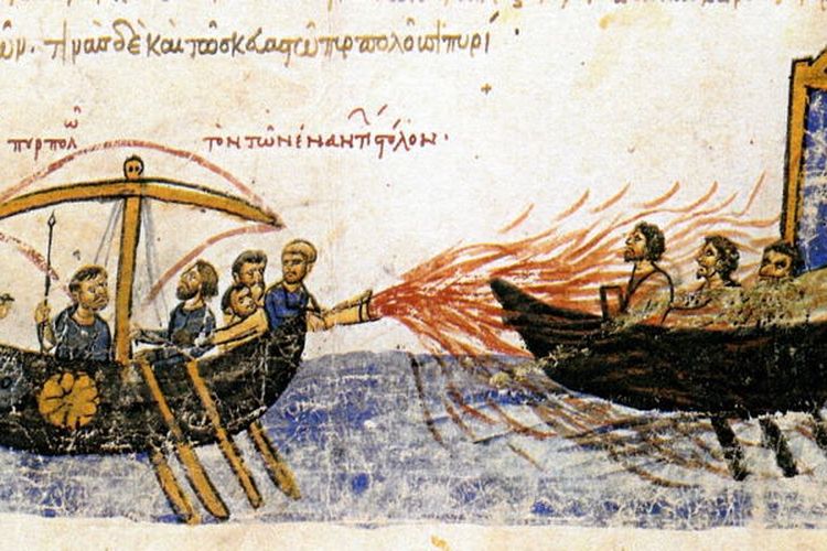 Penggambaran api Yunani yang digunakan di laut melawan Thomas the Slav, seorang jenderal Bizantium yang memimpin pemberontak pada abad ke-9. [Wikimedia Commons Via All Thats Interesting]