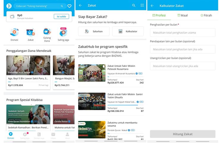 Fitur hitung zakat atau kalkulator zakat di aplikasi KitaBisa.