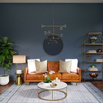Ilustrasi ruang tamu dengan sofa berwarna cokelat. 