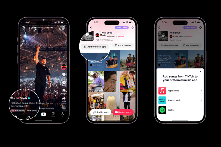 TikTok punya fitur baru Add to music app yang dirilis Selasa (14/11/2023). Dengan fitur baru ini, pengguna TikTok dapat menyimpan lagu yang disukainya di TikTok langsung ke aplikasi streaming musik populer seperti Spotify, Apple Music, dan Amazon Music.