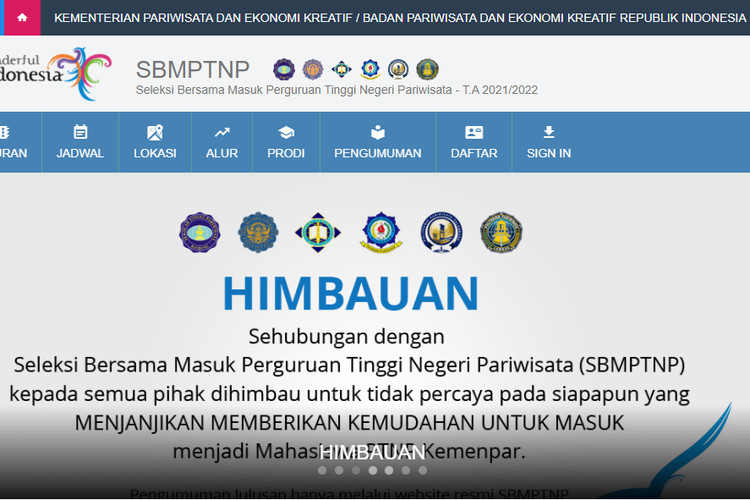 Tangkapan layar laman pendaftaran SBMPTN Pariwisata 2021, https://sbmptnp.kemenpar.go.id/