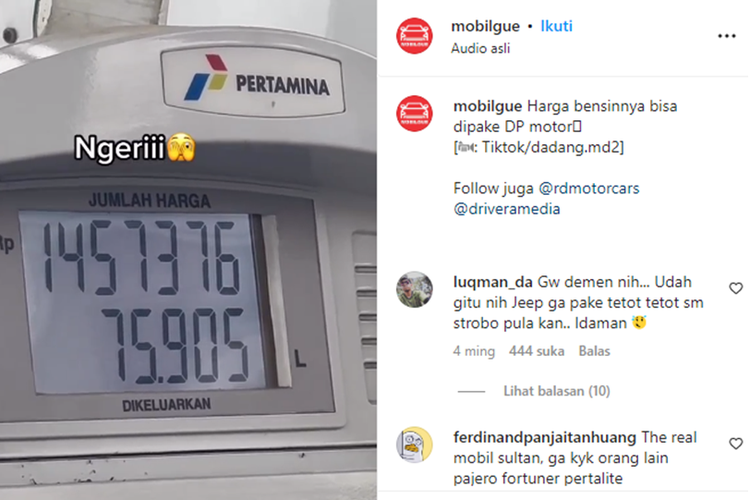 Tangkapan layar unggahan video yang memperlihatkan pengemudi mobil mengisi bahan bakar minyak (BBM) jenis Pertamina Dex senilai hampir Rp 1,5 juta.