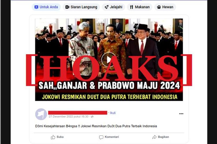 Hoaks Presiden Jokowi secara resmi mencalonkan Ganjar Pranowo-Prabowo Subanto untuk Pilpres 2024