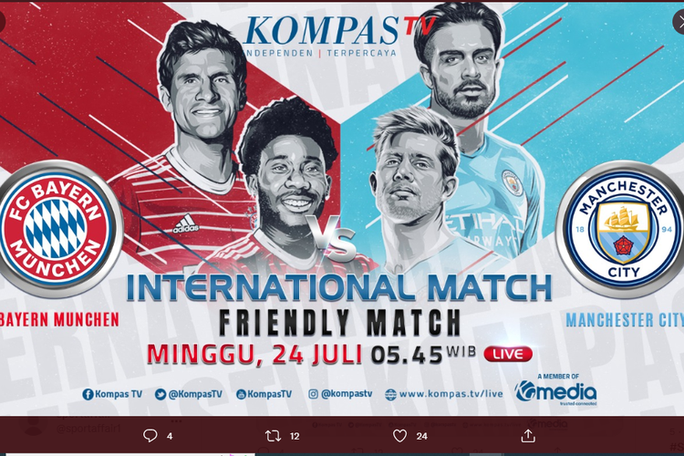 Tangkapan layar Twitter @KompasTV yang memuat poster siaran langsung Bayern vs Man City dalam rangkaian tur pramusim di Lambeau Field, Green Bay, Winconsin, Amerika Serikat, pada Minggu (24/7/2022) pukul 06.00 WIB.