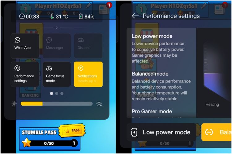 Tiga pilihan Performance settings yang bisa dipilih ketika bermain game di di Oppo Reno7 4G.