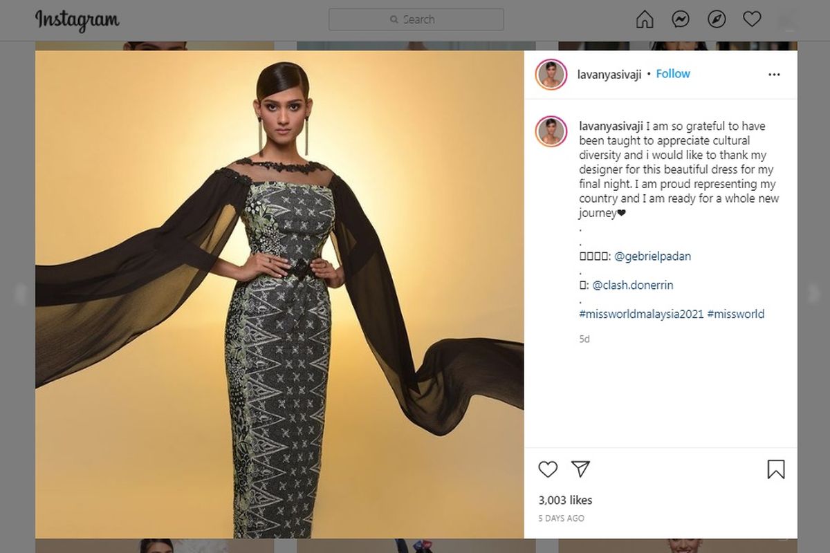 Tangkapan layar akun media sosial Instagram @lavanyasivaji, Miss World Malaysia 2021 mengklaim batik. Lavanya Sivaji di-bully netizen Indonesia karena dianggap mengklaim batik dan tidak menghargai asal usul batik.