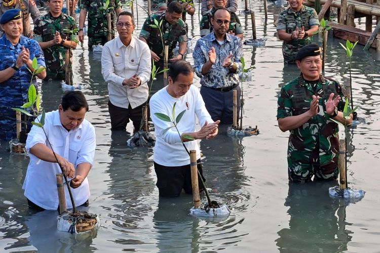 Presiden Joko Widodo, Menteri Pertahann Prabowo Subianto, dan Panglima TNI Laksamana Yudo Margono menanam pohon mangrove di Taman Wisata Alam Kapuk Angke, Jakarta, Senin (15/5/2023) sore.