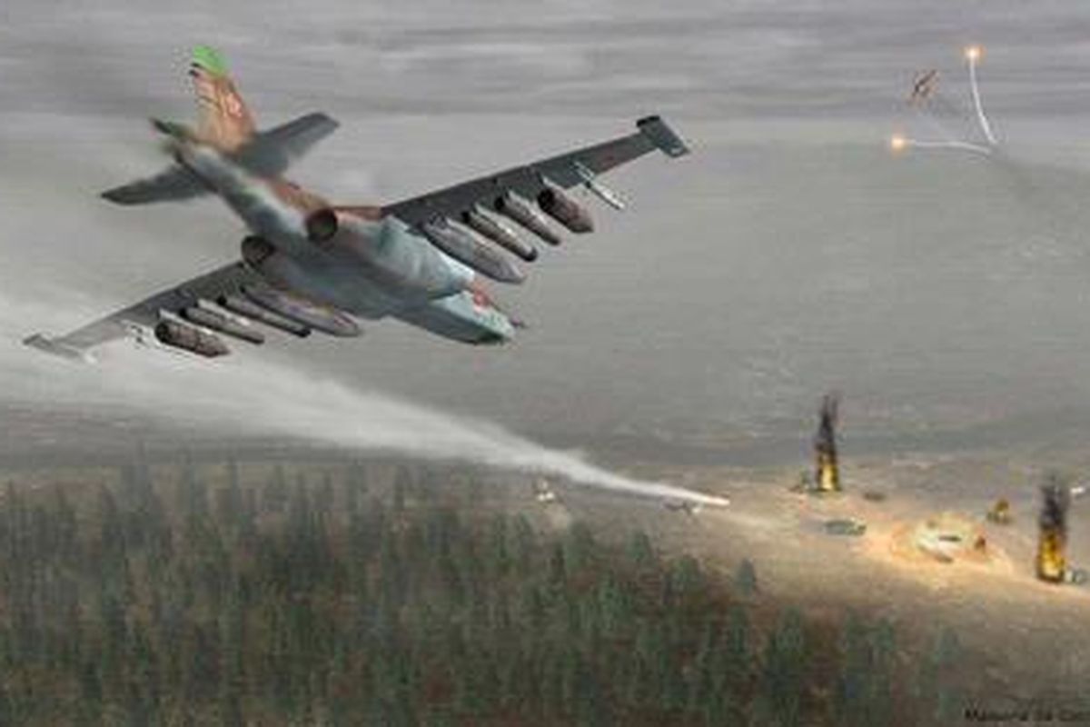 Pesawat Sukhoi Su-25 sedang beraksi menurut gambaran artis.