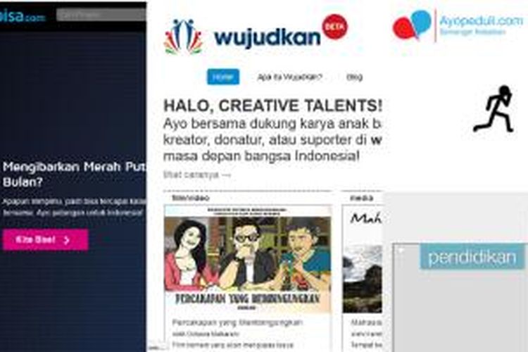 Cuplikan screenshot beberapa situs Crowdfunding di Indonesia: KitaBisa, Wujudkan dan AyoPeduli. 