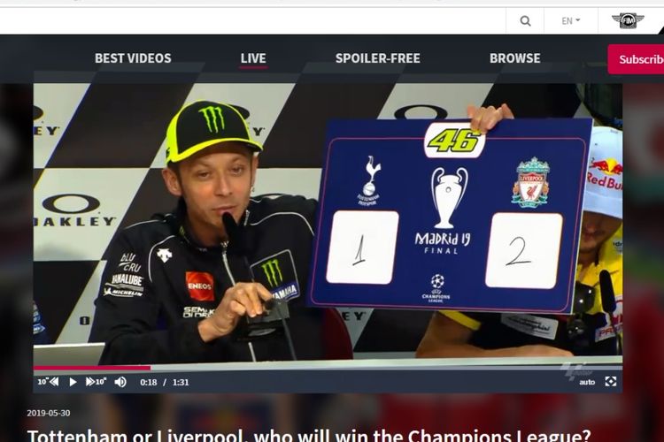 Valentino Rossi memberikan prediksi skor laga final Liga Champions Tottenham Hotspur vs Liverpool saat menjalani konferensi pers menjelang MotoGP Italia 2019, Jumat (31/5/2019).