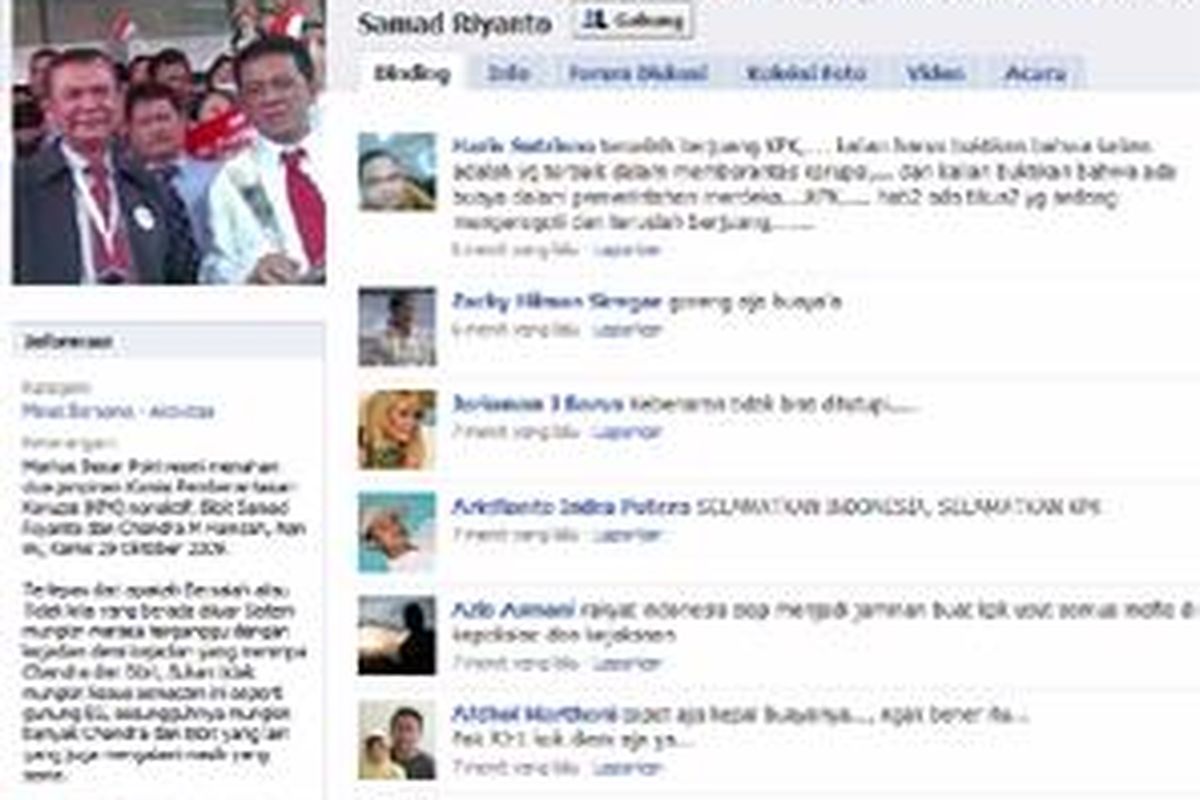 Grup dukungan terhadap Bibit-Chandra di situs jejaring sosial Facebook yang dibuat oleh dosen Universitas Bengkulu Usman Yasin.