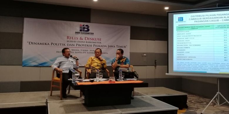 Ketua Bappilu PDIP Bambang DH (kiri), Wasekjen DPP Golkar M Sarmuji dan Direktur Eksekutif Indo Barometer M Qodari (paling kanan) di Harris Friendly Room, FX Sudirman, Jakarta, Selasa (3/4/2018).  