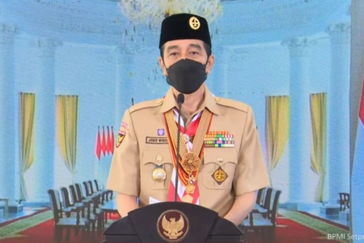 Presiden Joko Widodo dalam sambutannya secara virtual pada peringatan Hari Pramuka dalam rangka HUT ke-60 Pramuka Indonesia, Sabtu (14/8/2021).