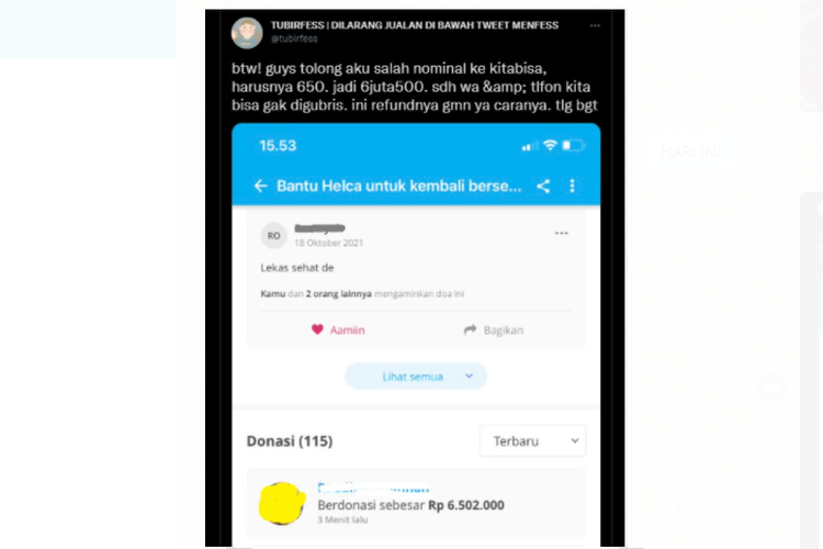 Tangkapan layar adanya donatur yang mentransfer uang sebesar Rp 6.502.000 kepada komunitas galang dana KitaBisa