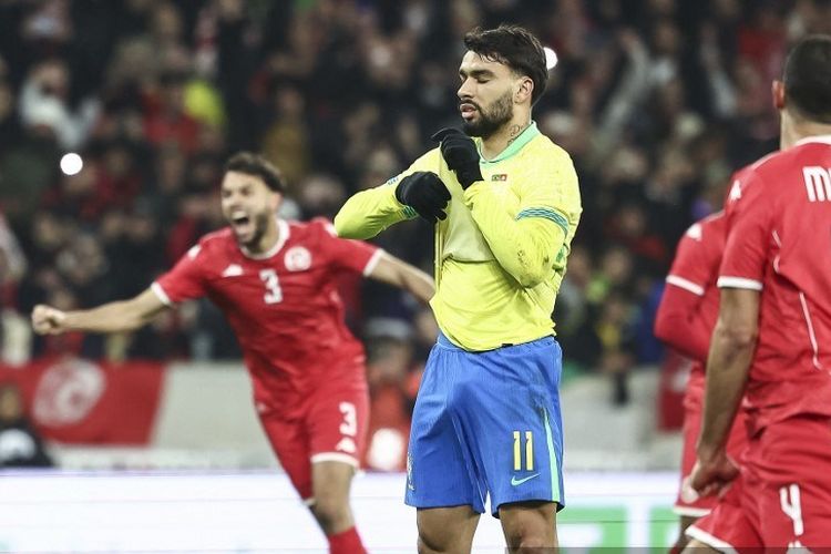 Timnas Brasil menutup kalender 2025 dengan hasil imbang 1-1 saat menghadapi Tunisia dalam laga persahabatan di Lille, Prancis, Selasa (18/11/2025). Lucas Paqueta gagal menuntaskan penaltinya pada babak kedua laga.