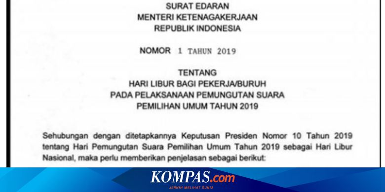 Resmi Menaker Terbitkan Surat Edaran Hari Libur Pemilu 2019