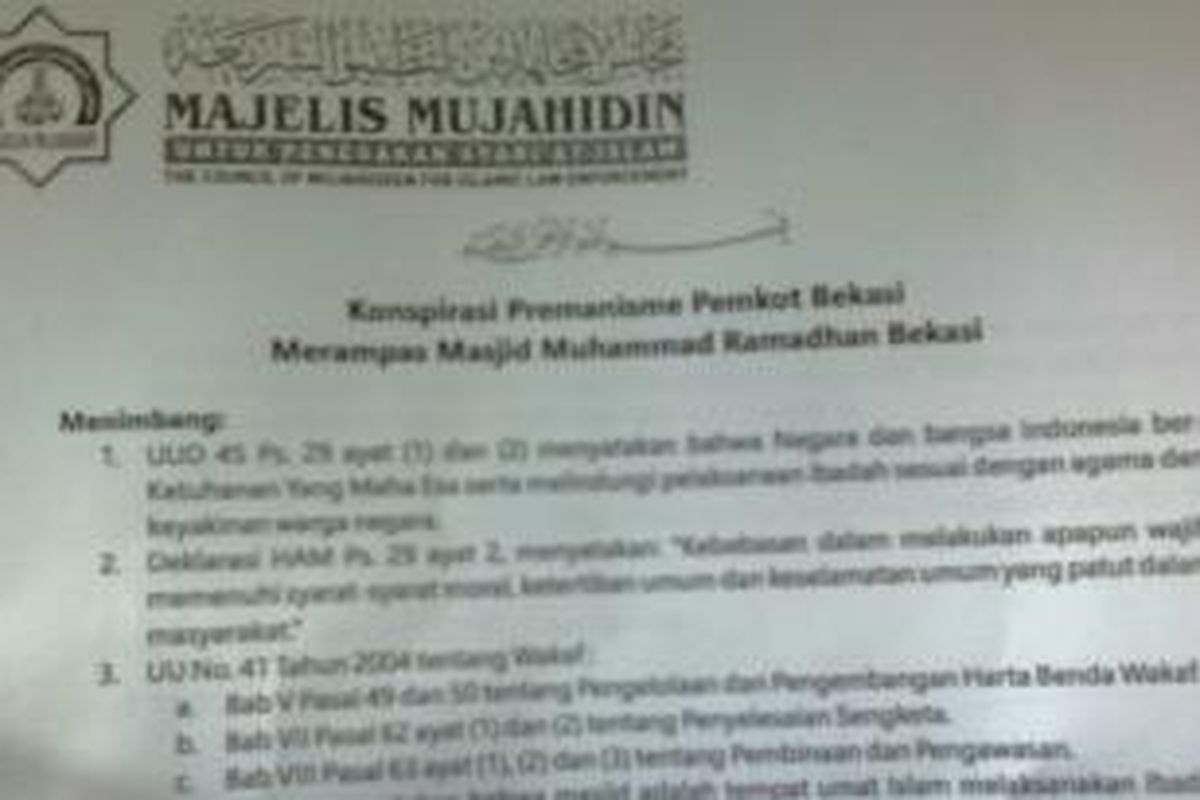 Surat yang dilayangkan Majelis Mujahidin untuk Wali Kota Bekasi