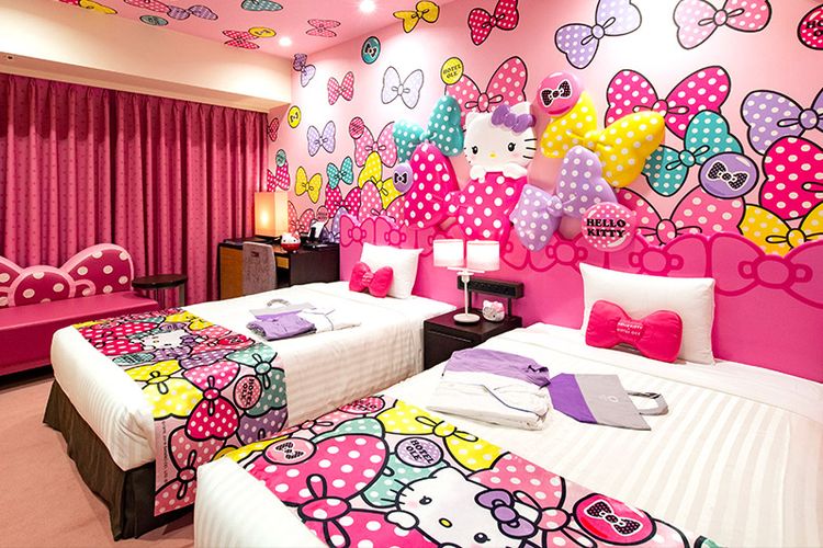 Ilustrasi kamar Ribbon Room yang bertema Hello Kitty di Hotel Ole Shizuoka, Jepang.