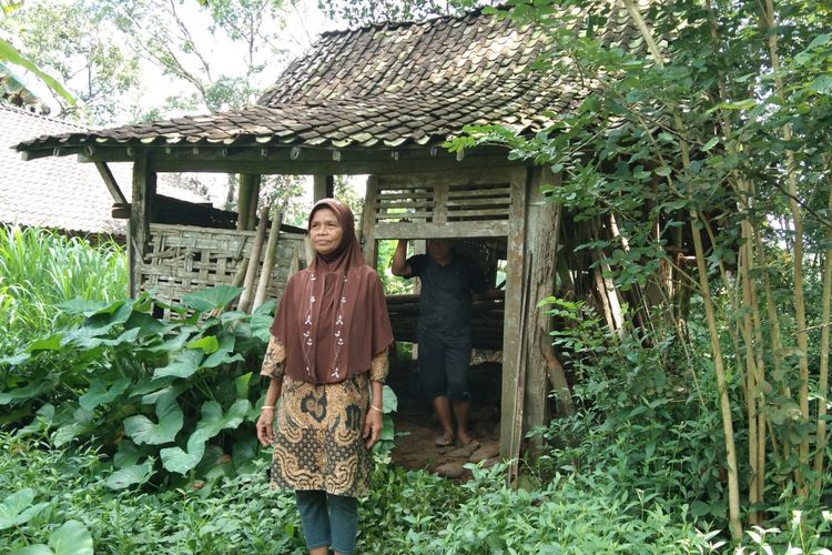 Rundiyah berdiri di depan kandang sapinya di Dusun Bekelan, Windusari, Magelang, Senin (15/4/2024). Sapi limosin miliknya--tabungan untuk berhaji suaminya kelak--dicuri.