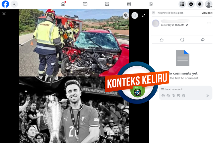 Tangkapan layar konten dengan konteks keliru di sebuah akun Facebook, Jumat (4/7/2025), menampilkan foto mobil merah yang dikaitkan dengan kecelakaan yang dialami Diogo Jota.