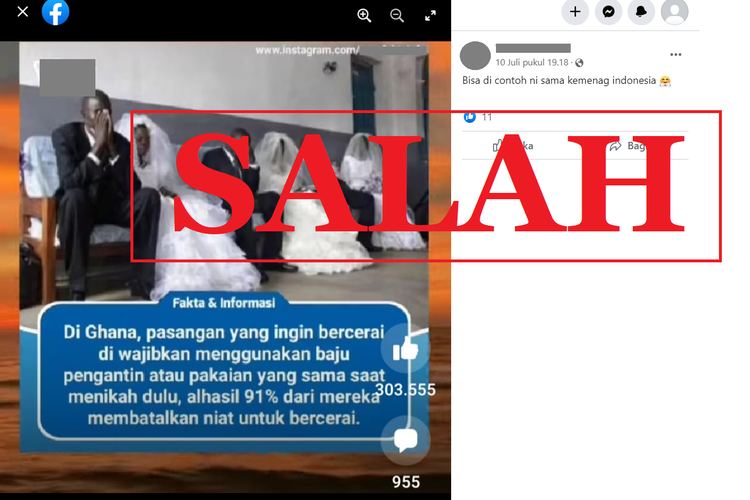 Tangkapan layar unggahan dengan narasi keliru di sebuah akun Facebook, soal pasangan yang akan bercerai di Ghana, diwajibkan menggunakan baju pengantin.