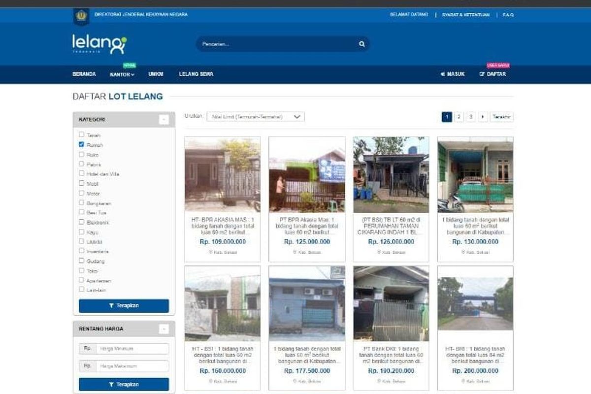 DJKN melalui lelang.go.id memfasilitasi lelang rumah yang berlokasi di Bekasi dengan nilai limit Rp 100 jutaan pada Mei 2023.
