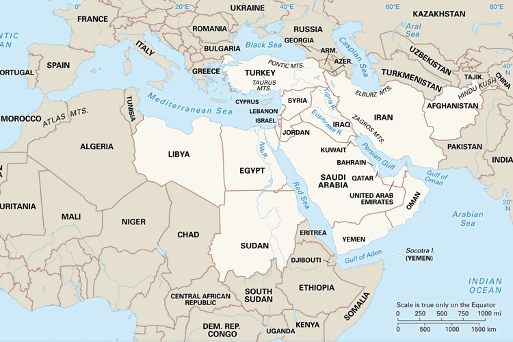Ilustrasi peta kawasan Timur Tengah.