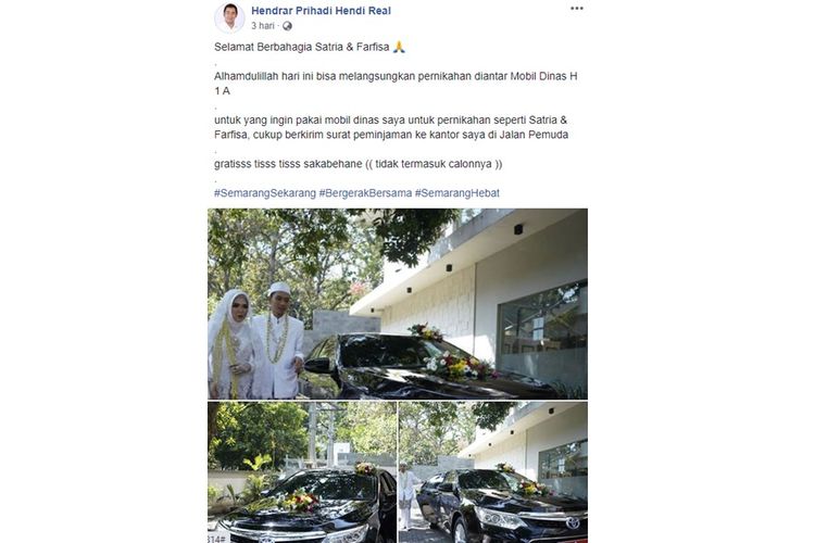 Sebuah unggahan bernarasikan mobil dinas Wali Kota Semarang bisa digunakan sebagai mobil pengantin, viral di media sosial.