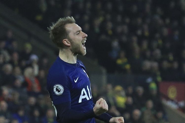 Gelandang Tottenham Hotspur, Christian Eriksen, merayakan gol ke gawang Norwich City pada laga lanjutan Liga Inggris, Sabtu (28/12/2019).