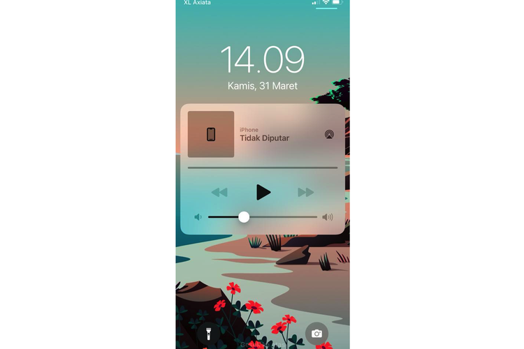 Ilustrasi widget pemutar musik yang macet di layar kunci iPhone
