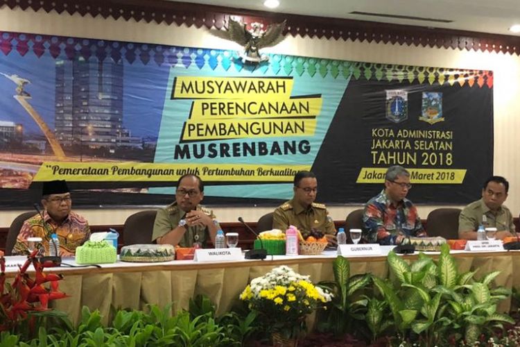 Gubernur DKI Jakarta Anies Baswedan saat membuka musrenbang di Kantor Wali Kota Jakarta Selatan, Selasa (27/3/2018). 