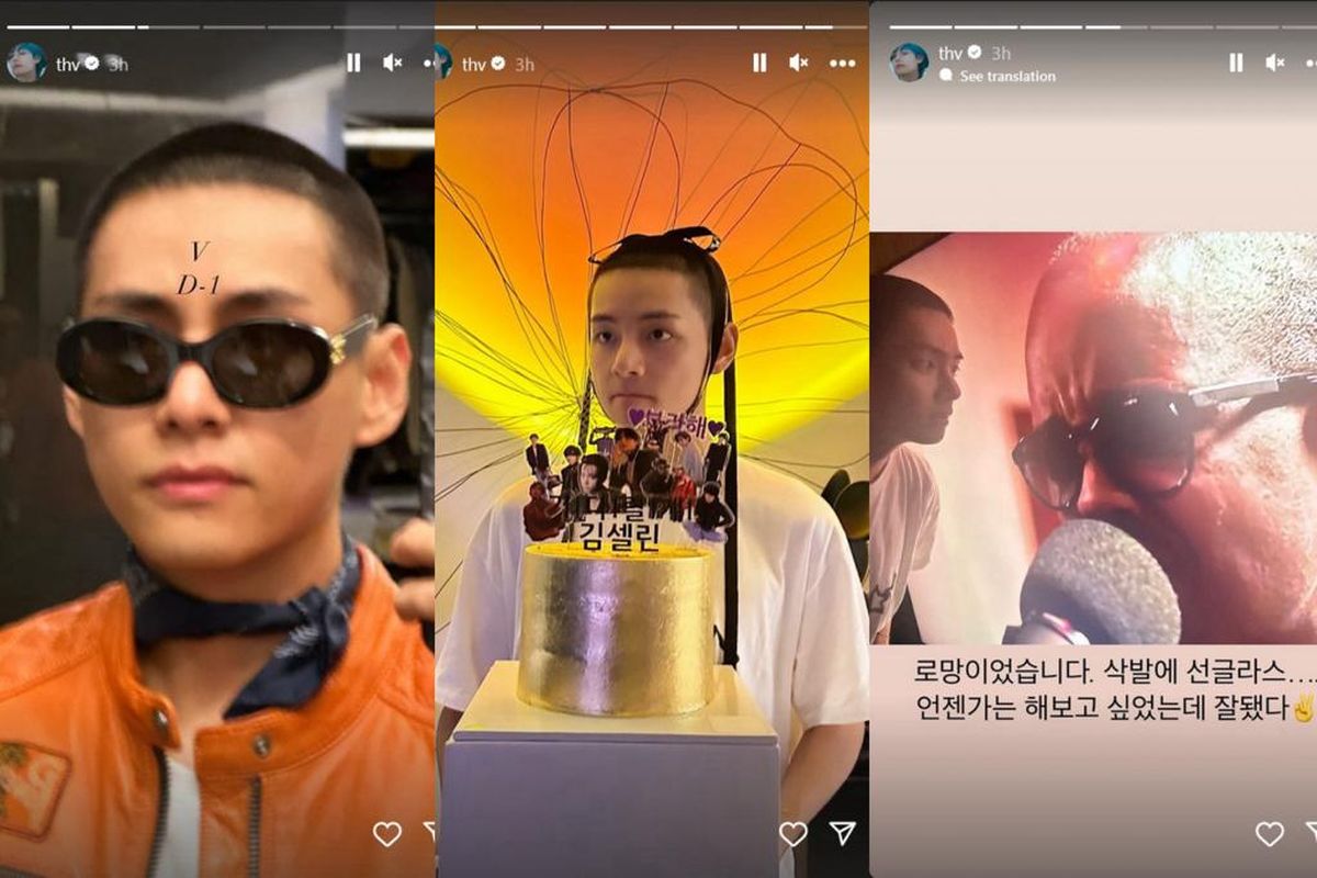 Penampilan V BTS dengan kepala gundul untuk mulai masuk wajib militer.