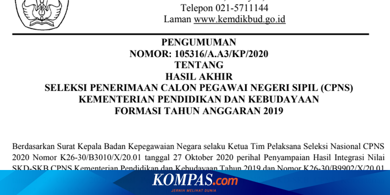 Pengumuman Hasil Seleksi Cpns 2019 Kemendikbud Cek Selengkapnya Di Sini Halaman All Kompas Com