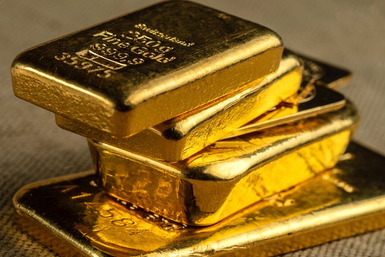 Ilustrasi emas batangan, logam mulia. 